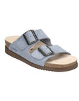 Women's Mephisto Hester Footbed Sandal in light blue with dual adjustable buckled straps and suede-lined cork footbed for shock-absorbing support.