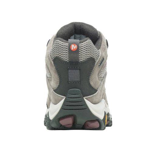 Rear view of Women's Merrell Moab 3 Mid WP Boot highlighting padded collar and heel loop for easy wear and ankle support on trails.