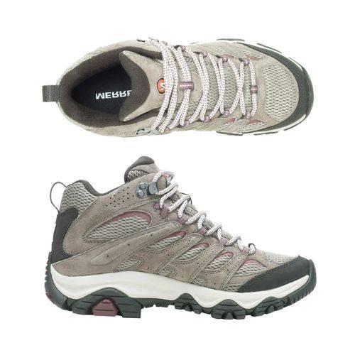Top and side view of Women's Merrell Moab 3 Mid WP Boot in taupe, showing lace-up design and breathable waterproof mesh for hiking comfort.