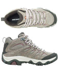 Top and side view of Women's Merrell Moab 3 Mid WP Boot in taupe, showing lace-up design and breathable waterproof mesh for hiking comfort.