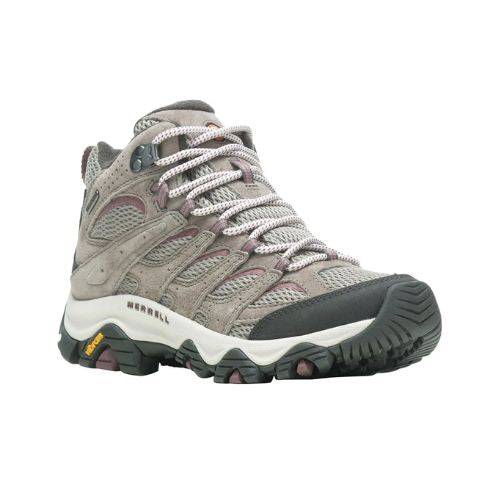 Women's Merrell Moab 3 Mid WP Boot in taupe with waterproof suede and mesh upper, ideal for rugged hiking and outdoor adventures.