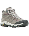 Women's Merrell Moab 3 Mid WP Boot in taupe with waterproof suede and mesh upper, ideal for rugged hiking and outdoor adventures.