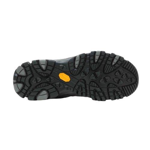 Vibram sole of grey Women's Merrell Moab 3 Mid WP Boot designed for enhanced traction and stability on rocky and wet hiking paths.