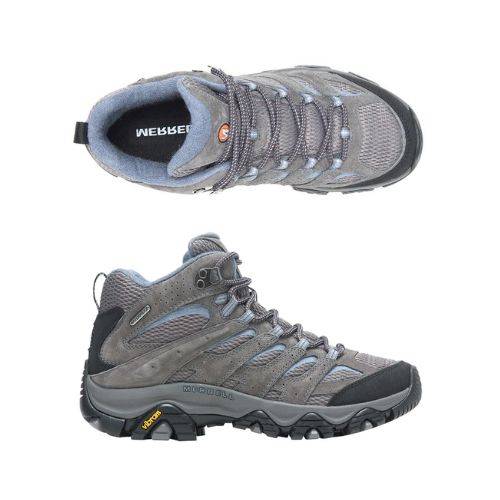 Top and side view of grey Women's Merrell Moab 3 Mid WP Boot showing breathable mesh and durable lace-up system for trail performance.