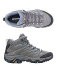 Top and side view of grey Women's Merrell Moab 3 Mid WP Boot showing breathable mesh and durable lace-up system for trail performance.
