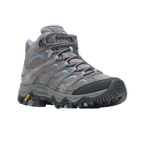 Women's Merrell Moab 3 Mid WP Boot in grey with waterproof construction and cushioned midsole, built for long-distance hiking.