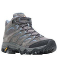 Women's Merrell Moab 3 Mid WP Boot in grey with waterproof construction and cushioned midsole, built for long-distance hiking.