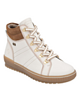 White high-top lace sneaker boot with brown cuff and tan rubber outsole.