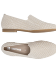 Pair of Beige glittery loafers with slim profile, heel tab, tan Remonte logo'd footbed and brown rubber outsole.