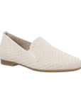 Beige glittery loafer with slim profile, heel tab and brown rubber outsole.