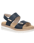 Backstrap Sandal in navy with gold accents, two Velcro straps, tan Remonte logo'd footbed, faux jute and white platform midsole and lugged white outsole.