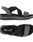 Pair of black and gray platform sandals with crisscross elastic straps, a wide textured band over toe and black outsole.