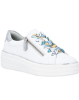 White lace-up platform sneaker with colorful laces, side zipper, silver heel accent and white outsole.