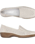 Pair of Rieker beige star perforated loafer with white logo'd footbed and criss-cross stitching attaching the upper to the brown outsole.