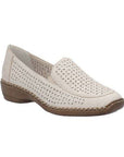 Beige star perforated loafer with criss-cross stitching attaching the upper to the brown outsole.