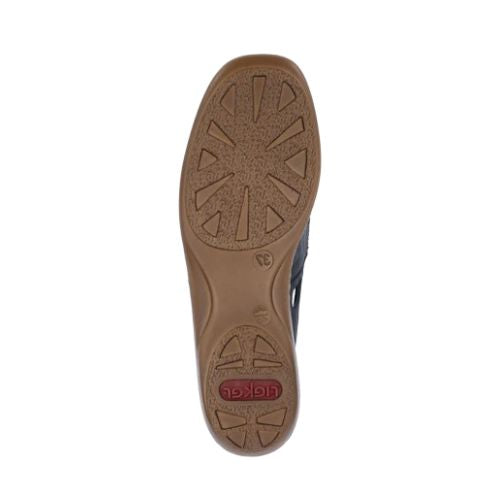 Outsole of loafer with light tread and red Rieker logo on heel.