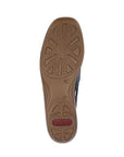 Outsole of loafer with light tread and red Rieker logo on heel.