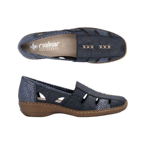 Pair of Navy leather loafers with cutout design and snake-pattern light blue accents, accent beige stitching, brown Rieker logo'd footbed and a brown outsole.