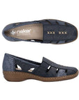 Pair of Navy leather loafers with cutout design and snake-pattern light blue accents, accent beige stitching, brown Rieker logo'd footbed and a brown outsole.