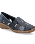 Navy leather loafer with cutout design and snake-pattern light blue accents, accent beige stitching and a brown outsole.
