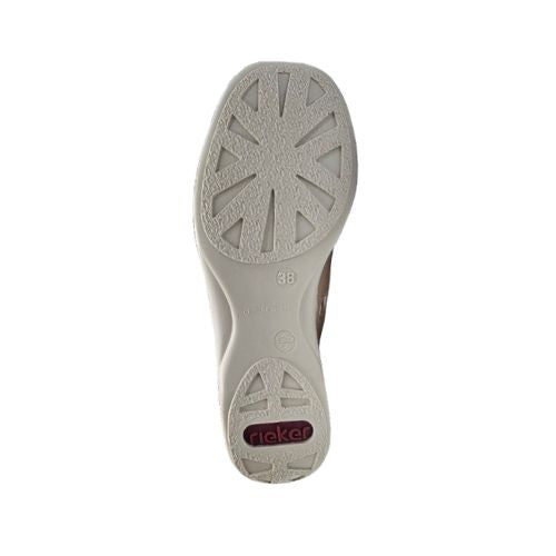 White textured outsole with red Rieker logo on heel.