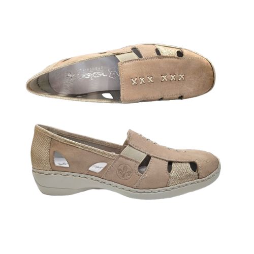 Pair of Beige leather loafers with cutout design and textured gold accents, accent beige stitching and a white outsole.
