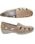 Pair of Beige leather loafers with cutout design and textured gold accents, accent beige stitching and a white outsole.