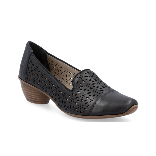 Black perforated leather shoe with brown low heeled outsole.