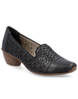 Women's Rieker 43754 heeled shoe in black leather with floral cutouts, featuring a low stacked heel and flexible design for summer comfort.