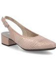 Women's Rieker 47066 sling-back heeled leather sandals in blush pink with perforated upper and low block heel, ideal for stylish comfort.