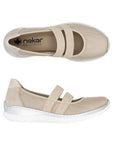 Top and side views of Women's Rieker L3281 Mary-Jane Flat showing breathable upper, elastic straps, and flexible shock-absorbing sole.
