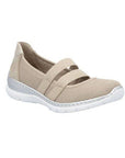 Women's Rieker L3281 Mary-Jane Flat in beige with sporty comfort design, featuring dual elastic straps and cushioned white sole for casual wear.