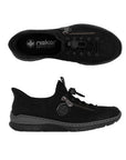 Top and side views of black Women's Rieker L32F1 Slip-On Sneaker showing breathable upper, elastic laces, and cushioned insole.