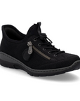 Women's Rieker L32F1 Slip-On Sneaker in black with side zipper and flexible sole, ideal for lightweight comfort and casual wear.