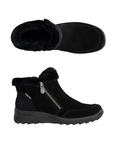 Pair of black ankle winter boots with a plush faux-fur collar, dual zippers and a rugged outsole.