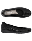 Pair of All Black snake skin patent leather ballet flat with tan Rieker logo'd footbed.