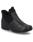 A black step-in ankle boot with leather upper, black detail stitching, stretch material cuff and treaded outsole.