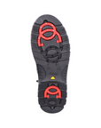 Black treaded outsole with red collapsible cleats on heel and toe area with Rieker logo stamped in middle.