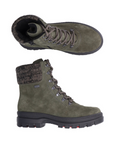 Pair of Green lace up mid boots with grey knit collar, side zipper, rugged black outsole, and retractable ice cleats.