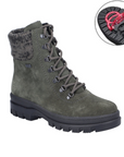 Green lace up mid boot with grey knit collar, rugged black outsole, and retractable ice cleats.