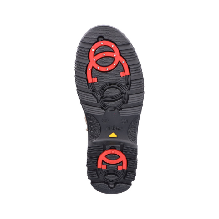 Black treaded outsole with red collapsible cleats on heel and toe area with Rieker logo stamped in middle.
