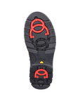 Black treaded outsole with red collapsible cleats on heel and toe area with Rieker logo stamped in middle.