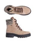 Pair of Beige lace up mid boots with grey knit collar, rugged black outsole, and retractable ice cleats.