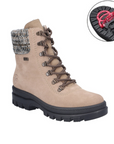 Beige lace up mid boot with grey knit collar, rugged black outsole, and retractable ice cleats.