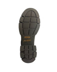 Brown treaded outsole of a Chelsea boot with Romika logo in middle.