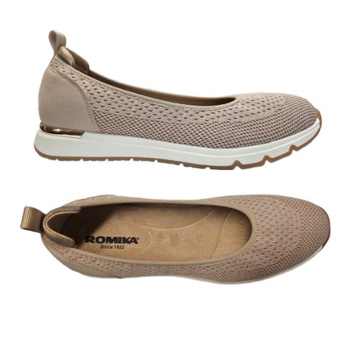 Top and side views of beige Women's Romiks Naomi 02 Ballet Flat showcasing lightweight vegan design and flexible outsole.