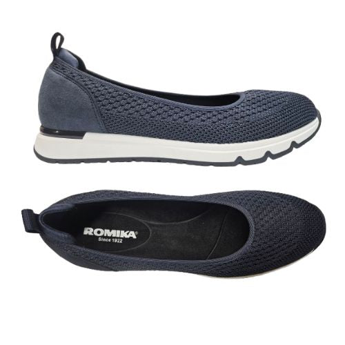 Top and side views of navy Women's Romiks Naomi 02 Ballet Flat showing cushioned insole and flexible vegan-friendly design.