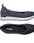 Top and side views of navy Women's Romiks Naomi 02 Ballet Flat showing cushioned insole and flexible vegan-friendly design.