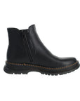 Profile of a black Chelsea boot with side zipper, accent tan stitching and a lugged outsole.