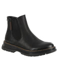 A black Chelsea boot with side goring elastic panel accent tan stitching and a lugged outsole.